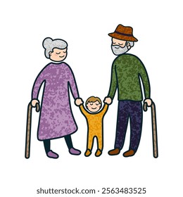 Vector Colorful Cartoon Illustration of a Grandparents With Grandson Isolated on White Background