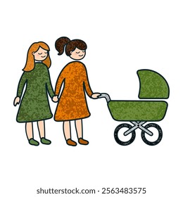 Vector Colorful Cartoon Illustration of a LGBT Family with a Newborn in a Stroller Isolated on White Background