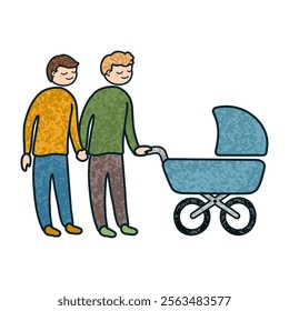 Vector Colorful Cartoon Illustration of a LGBT Family with a Newborn in a Stroller Isolated on White Background