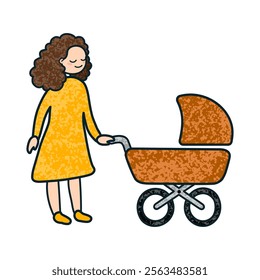 Vector Colorful Cartoon Illustration of a Woman with a Newborn in a Stroller Isolated on White Background