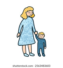 Vector Colorful Cartoon Illustration of a Woman with a Son Isolated on White Background