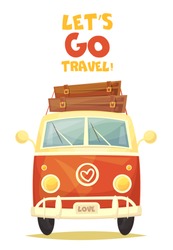 Vector Colorful Cartoon Poster. Retro Travel Van. Illustration.