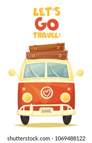 Vector colorful cartoon poster. Retro travel van. Illustration.