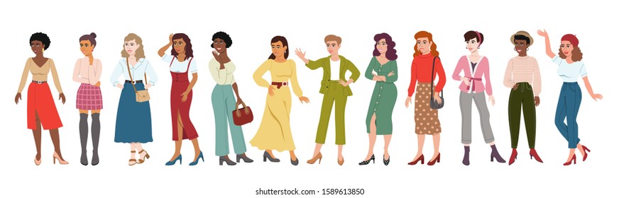 Vector colorful cartoon set of multiracial women in different poses. Isolated smiling ladies on white background. Various women dressed in fashion clothes. Flat style for your design