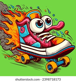 Vector of a colorful cartoon sneaker with eyes being in fire and leaving smoke behind. Illustration of a cool shoe on a skateboard with flames