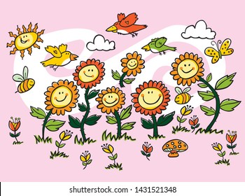 Vector Colorful Cartoon Sunflowers, Birds And Bees Illustration. Suitable For Greeting Cards And Wall Murals. For Nurseries, Kindergarten And Hospitals.