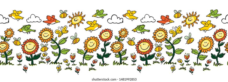 Vector colorful cartoon sunflowers, birds and bees horizontal border. Suitable for wall murals, gift wrap, textile and wallpaper.