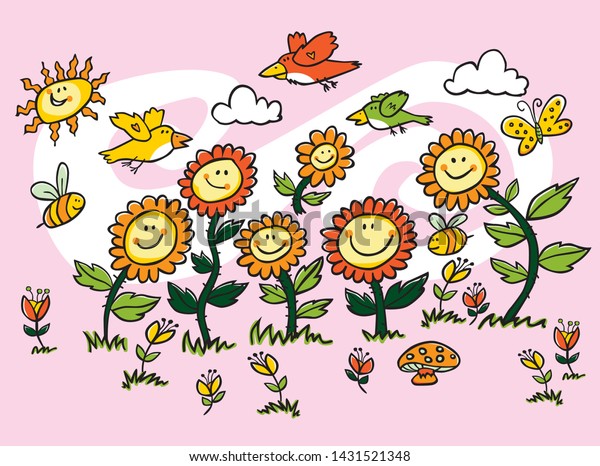 Vector colorful cartoon sunflowers, birds and bees illustration. Suitable for greeting cards and wall murals. For nurseries, kindergarten and hospitals.