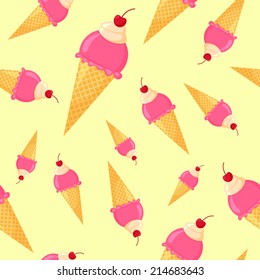 Vector colorful cartoon waffle ice cream with cherry and sweat cream seamless pattern