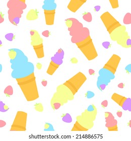 Vector colorful cartoon waffle ice cream with strawberry and sweat cream seamless pattern