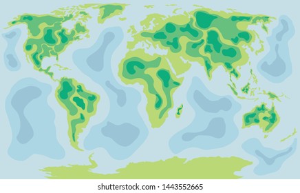 Vector of colorful cartoon world map with level of green and blue representing 
mountain and ocean, respectively.