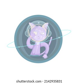 Vector colorful cat spaceman dressed in astronaut helmet and putting his hand, paw on his face, eye. Smiling cosmonaut kitten pet located on improvised planet, galaxy with planet ring covered by stars