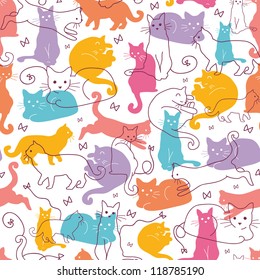 Vector Colorful Cats Seamless Pattern Background. Cute, hand drawn and colorful elements.