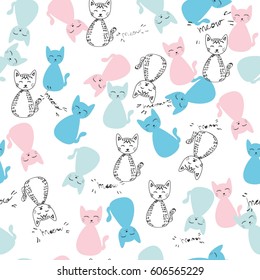 Vector Colorful Cats Seamless Pattern Background. Cute, hand drawn