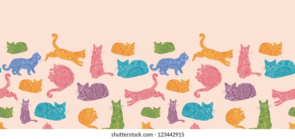Vector colorful cats silhouettes horizontal seamless pattern ornament background with hand drawn elements.