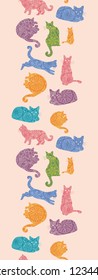 Vector colorful cats silhouettes vertical seamless pattern ornament background with hand drawn elements.