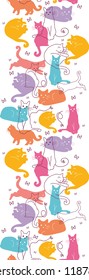 Vector Colorful Cats Vertical Seamless Pattern Ornament. Cute, hand drawn and colorful elements.