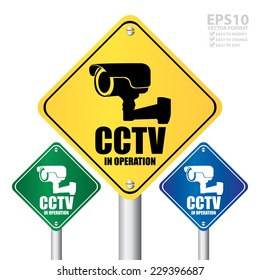 Vector : Colorful CCTV in Operation Road Sign or Street Sign Isolated on White Background 