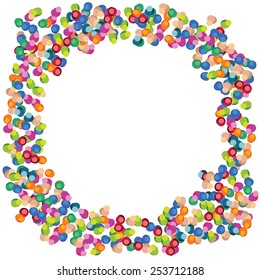 Vector colorful celebration background with round confetti and frame for design.