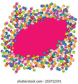 Vector colorful celebration background with round confetti and frame for design.