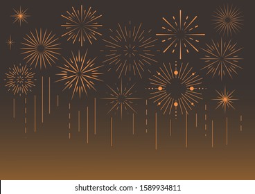 Vector colorful celebration festive fireworks for holiday, new year party.Birthday,carnival,independence day.Firework show in dark evening sky.Pyrotechnics background.Brown gradient.