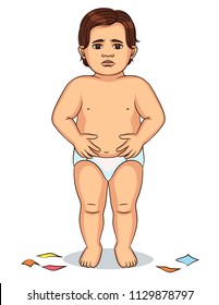 Vector colorful character of upset child isolated from white background. A cute baby has stomach problems after eating candies. A small sad boy holds his hands to his stomach