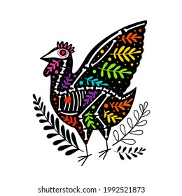 Vector colorful chicken skeleton with floral design, isolated on white background. Dia de los Muertos, Day of the dead or Halloween concept