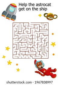 Vector colorful childish page with cute astro cat maze rocket planet and star. Printable puzzle for develop. Elements on white