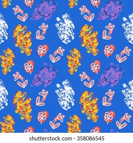 Vector colorful childish pattern with images of trees and flowers. Seamless ornament for textile, fashion fabric, wallpaper, wrapping paper etc