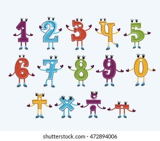 Vector colorful childish set of number characters and signs with smiling faces and hand and legs for kids 