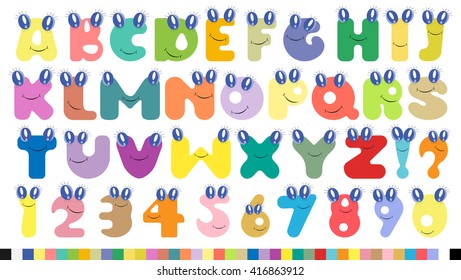 Vector colorful children alphabet spelled out with fun cartoon eyas and smiles.