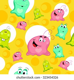 Vector colorful children's seamless pattern with funny monsters, microbes, aliens, bacterias. Yellow, green, purple, blue color. 