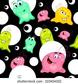 Vector colorful children's seamless pattern with funny monsters, microbes, aliens, bacterias on black background. Yellow, green, purple, blue color. 