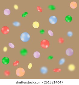 Vector Colorful chocolate candies, multicolored glazed chocolate falling isolated on brown background. Falling candied fruit,selective focus.