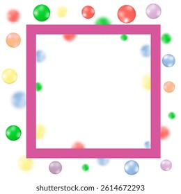 Vector Colorful chocolate candies and pink frame, multicolored glazed chocolate falling isolated on blue background. Falling candied fruit,selective focus.