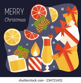 Vector colorful christmas card with alcohol drinks, gifts and christmas elements