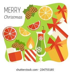 Vector colorful christmas card with alcohol drinks, gifts and christmas elements