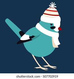 Vector colorful christmas card with cute bird in hat with decoration
