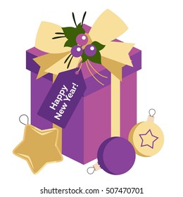 Vector colorful christmas card with icons of isometric gift box, balls and sale tag.