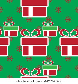 Vector colorful Christmas gift boxes. Holiday present seamless pattern on green background.