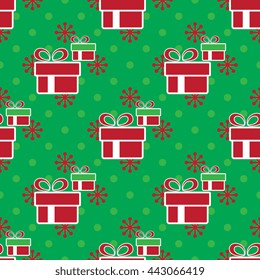 Vector colorful Christmas gift boxes. Holiday present seamless pattern on green background.