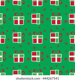 Vector colorful Christmas gift boxes. Holiday present seamless pattern on green background.