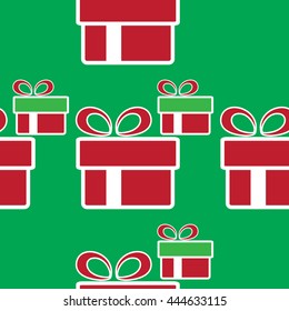 Vector colorful Christmas gift boxes. Holiday present seamless pattern on green background.