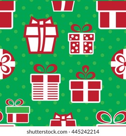 Vector colorful Christmas gift boxes. Holiday present seamless pattern on green background.