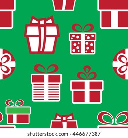 Vector colorful Christmas gift boxes. Holiday present seamless pattern on green background.