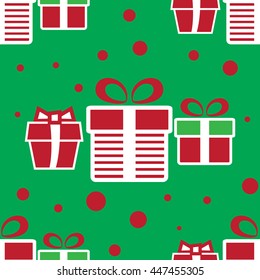 Vector colorful Christmas gift boxes. Holiday present seamless pattern on green background.