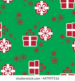 Vector colorful Christmas gift boxes. Holiday present seamless pattern on green background.