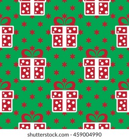 Vector colorful Christmas gift boxes. Holiday present seamless pattern on green background.