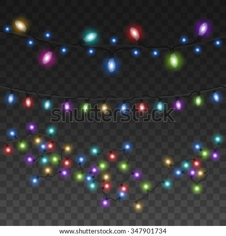 Vector colorful Christmas lights. Isolated on black transparent background, eps 10.