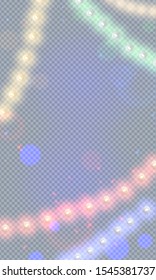 Vector colorful christmas lights on transparent background. Xmas glowing garland. Neon new year light festive decoration overlay. Yellow, red, pink, blue, green color translucent bulbs and sparks
